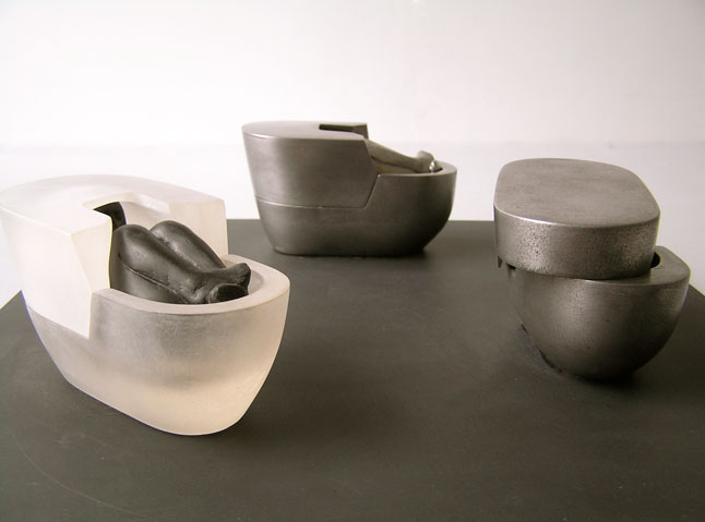 André Wallace, WhiteVessel (Resin), Open Vessel with figure (Pewter), Empty Vessel (Pewter)